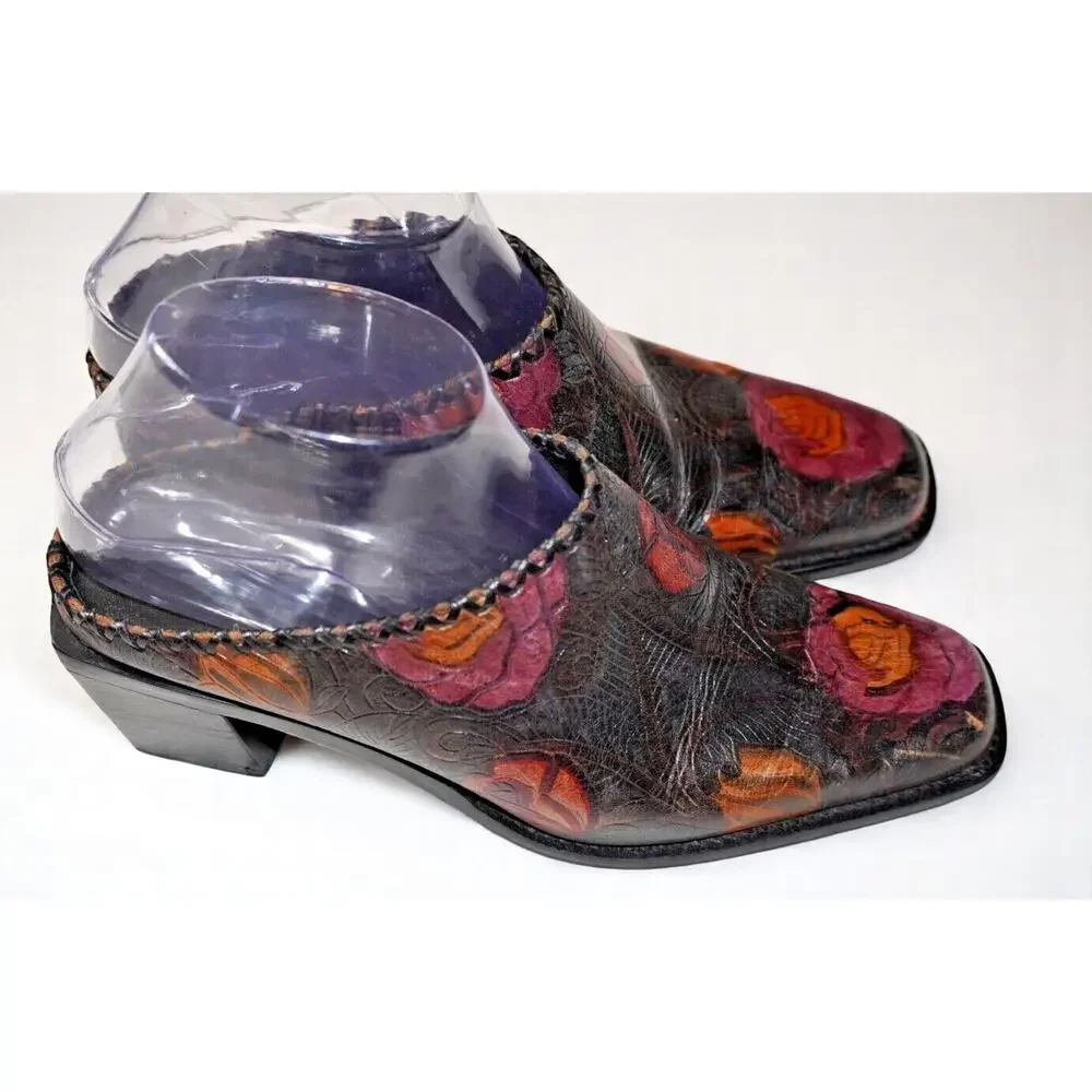 Vintage Floral Tooled Leather Mules Women 8 Handmade Brazil - Picture 3 of 10